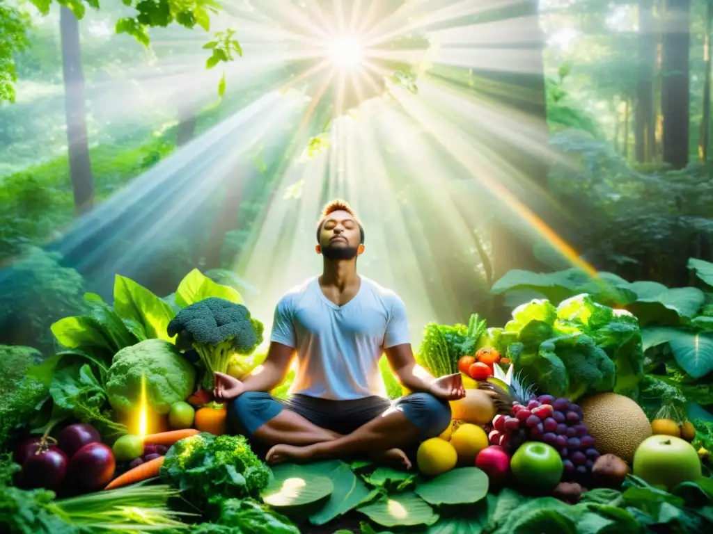 Persona meditando en un bosque exuberante, rodeada de frutas y verduras coloridas, con luz solar filtrándose entre los árboles