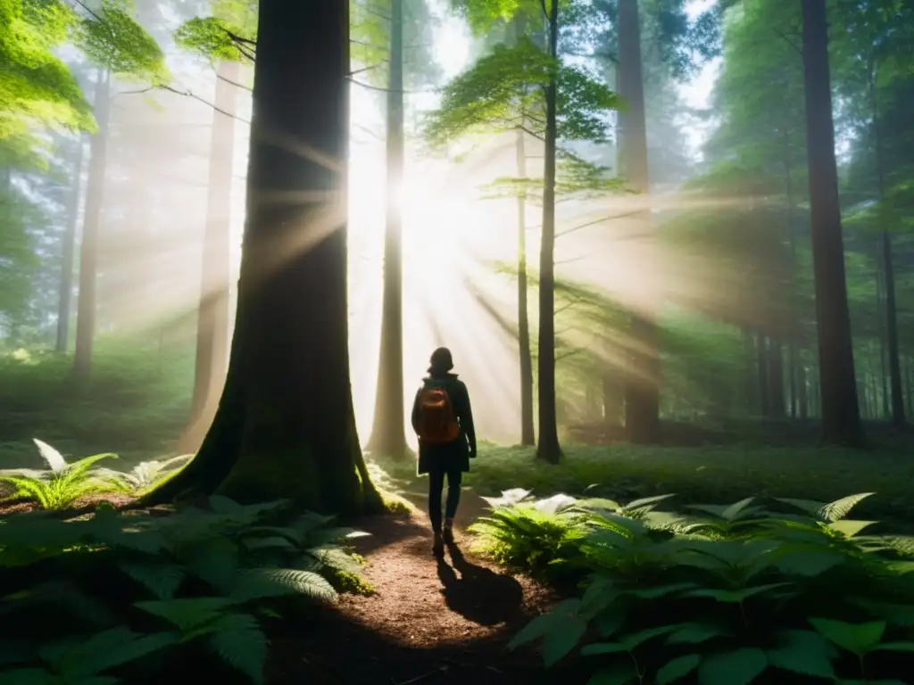 Una persona en un bosque oscuro, la luz del sol se filtra entre los árboles, creando sombras largas en el suelo