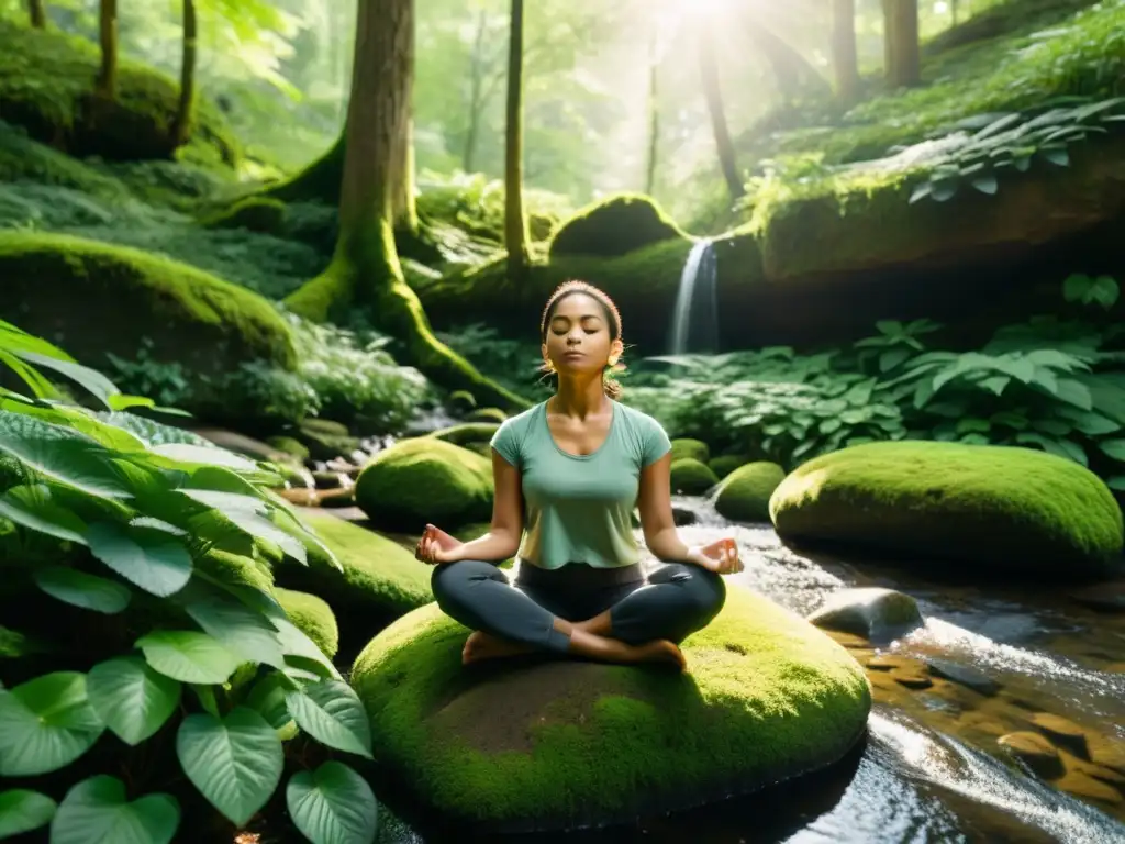 Persona en meditación en un bosque, rodeada de naturaleza exuberante