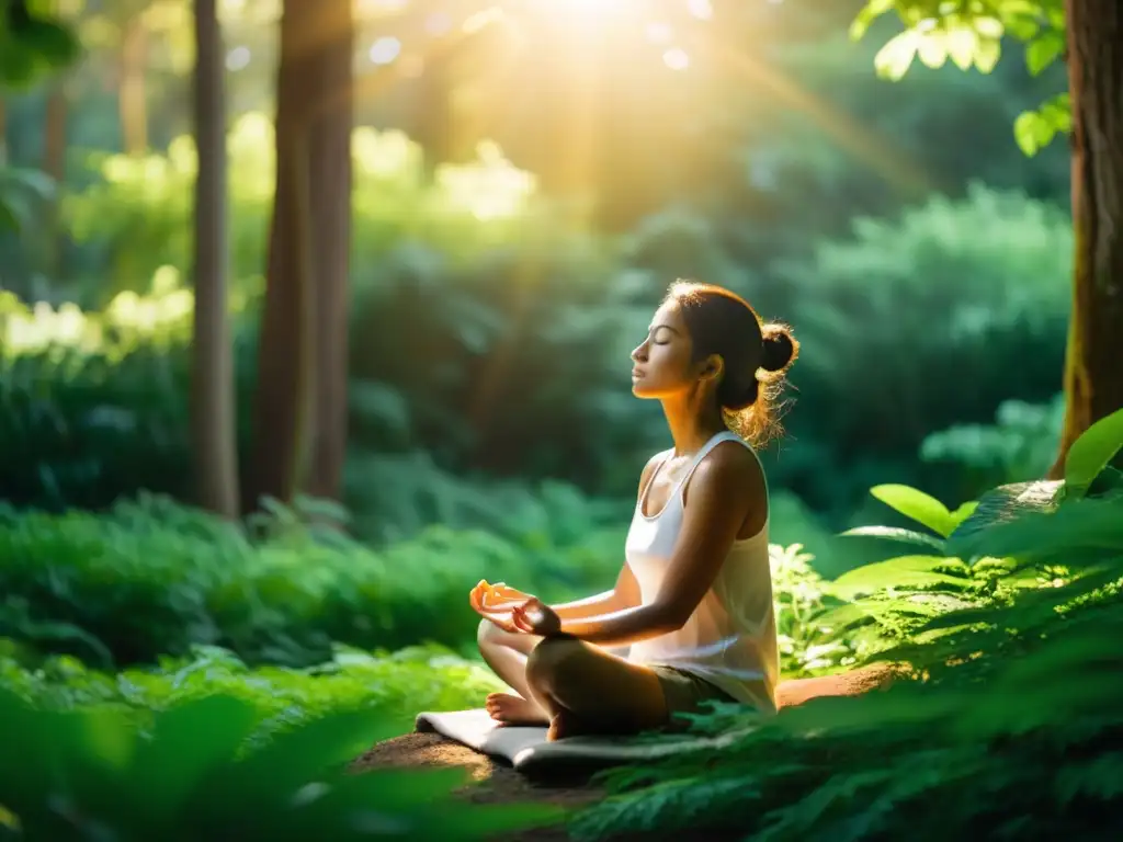 Persona meditando en un bosque sereno, bañada por la luz dorada del sol