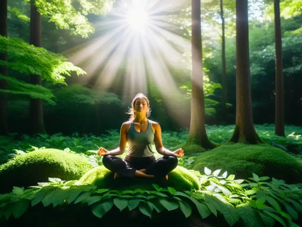 Persona meditando en un bosque verde exuberante, con luz solar filtrándose entre las hojas