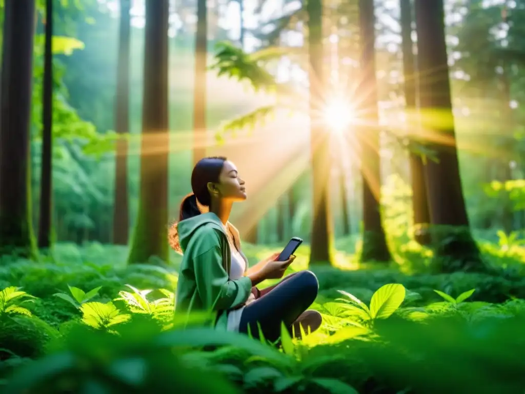 Persona en bosque verde con smartphone, ojos cerrados, expresión serena, evocando equilibrio entre tecnología y sistema inmunológico saludable