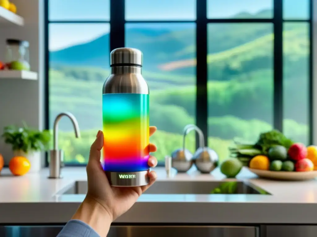 Persona sostiene una botella inteligente con pantalla digital que muestra niveles de hidratación, rodeada de frutas y verduras vibrantes