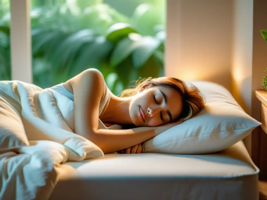 Tranquilo descanso en cama: imagen 8k Una persona duerme tranquilamente en una cama acogedora, con luz suave iluminando la habitación