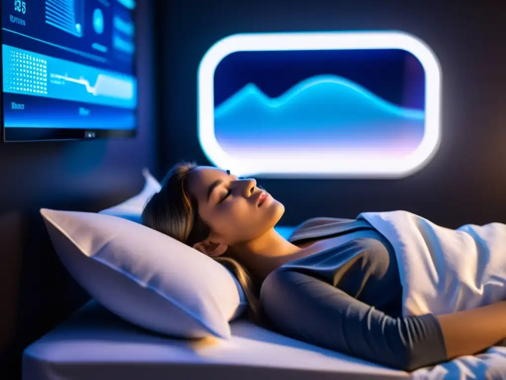 Persona durmiendo en cama futurista con monitorización del sueño sistema inmunológico en ambiente sereno y futurista