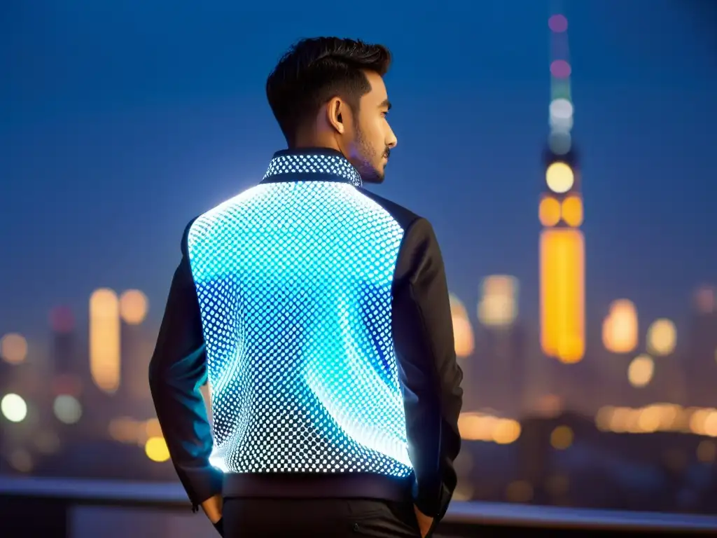 Persona usando una chaqueta inteligente con luces LED y tecnología de monitoreo de salud, en un entorno futurista de la ciudad