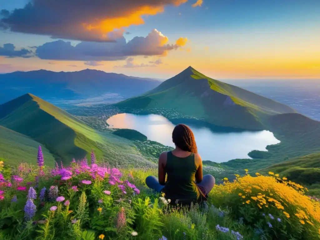 Persona meditando en la cima de la montaña al atardecer, rodeada de flores silvestres