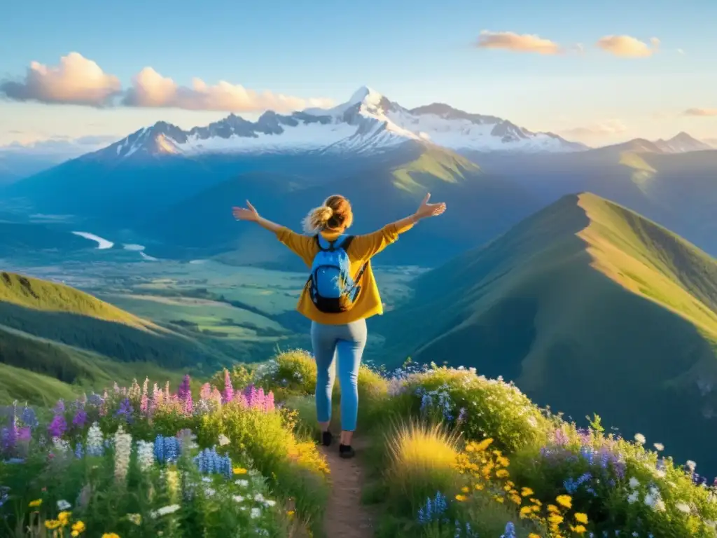 Persona en la cima de la montaña, brazos abiertos, bañada por luz dorada, rodeada de naturaleza exuberante y flores silvestres