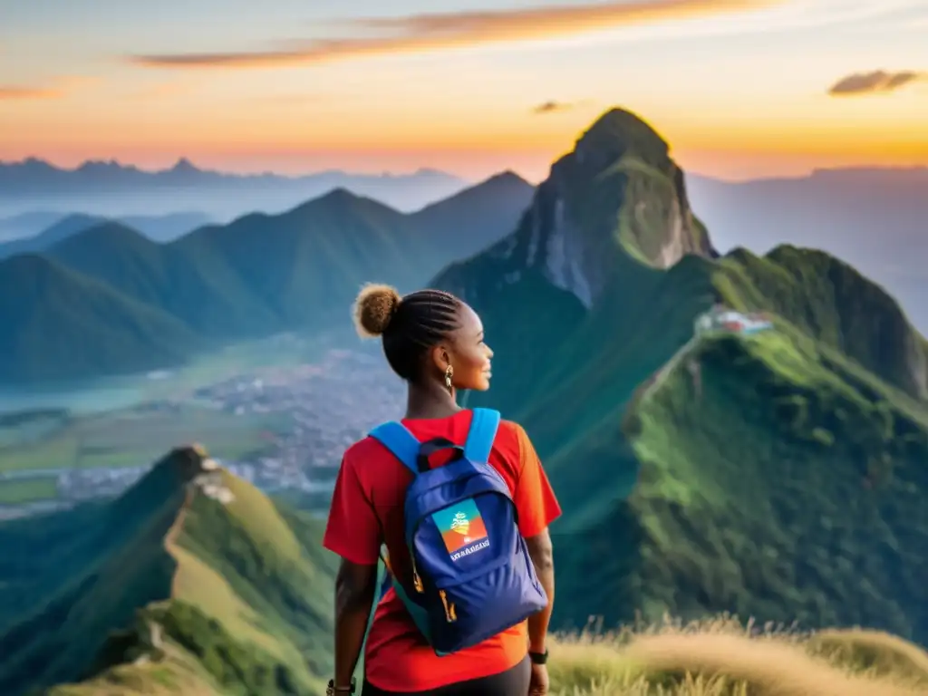 Una persona en la cima de una montaña, con un atardecer vibrante de fondo, sosteniendo un pasaporte con tarjeta de seguro de salud internacional