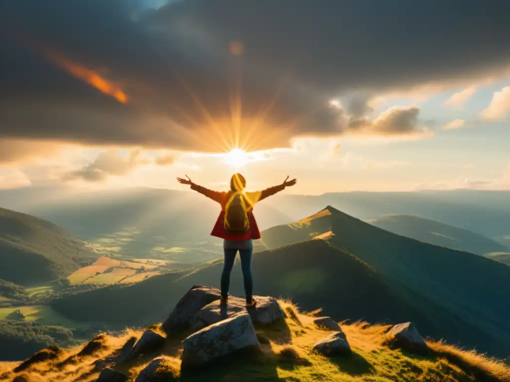 Una persona en la cima de una montaña, con los brazos abiertos hacia el sol