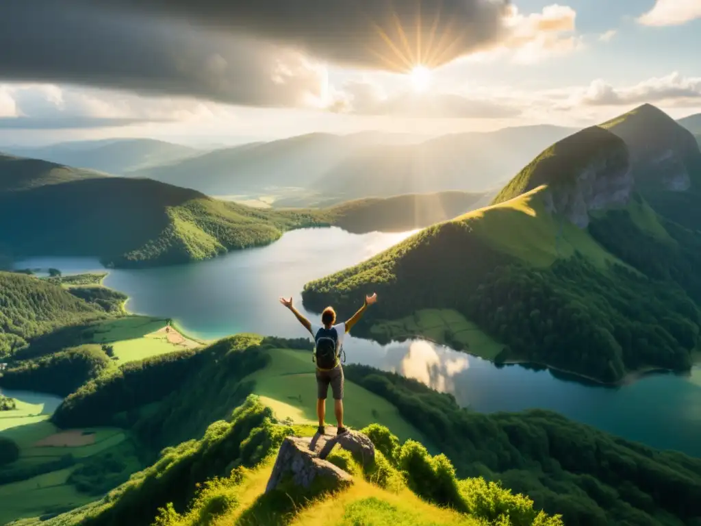 Una persona en la cima de una montaña, con los brazos abiertos hacia el sol, rodeada de naturaleza exuberante