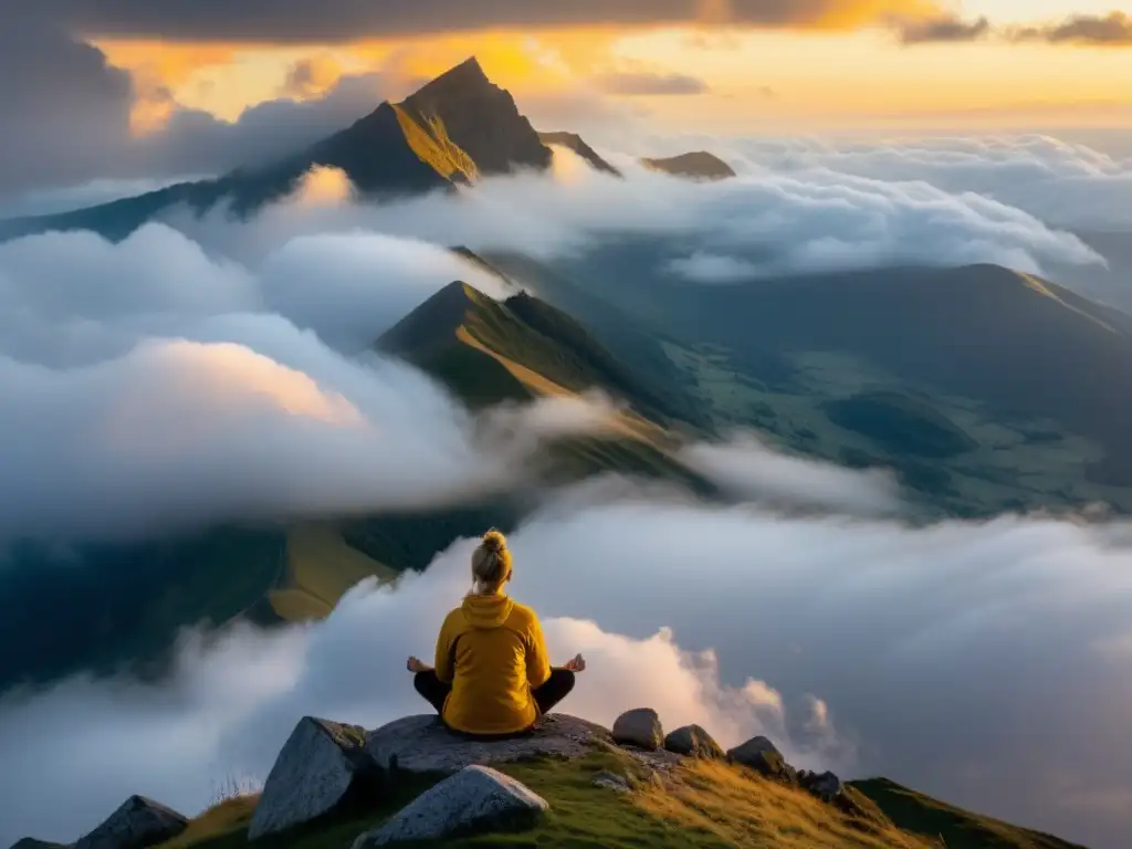 Persona meditando en la cima de una montaña entre nubes, con los ojos cerrados y expresión serena