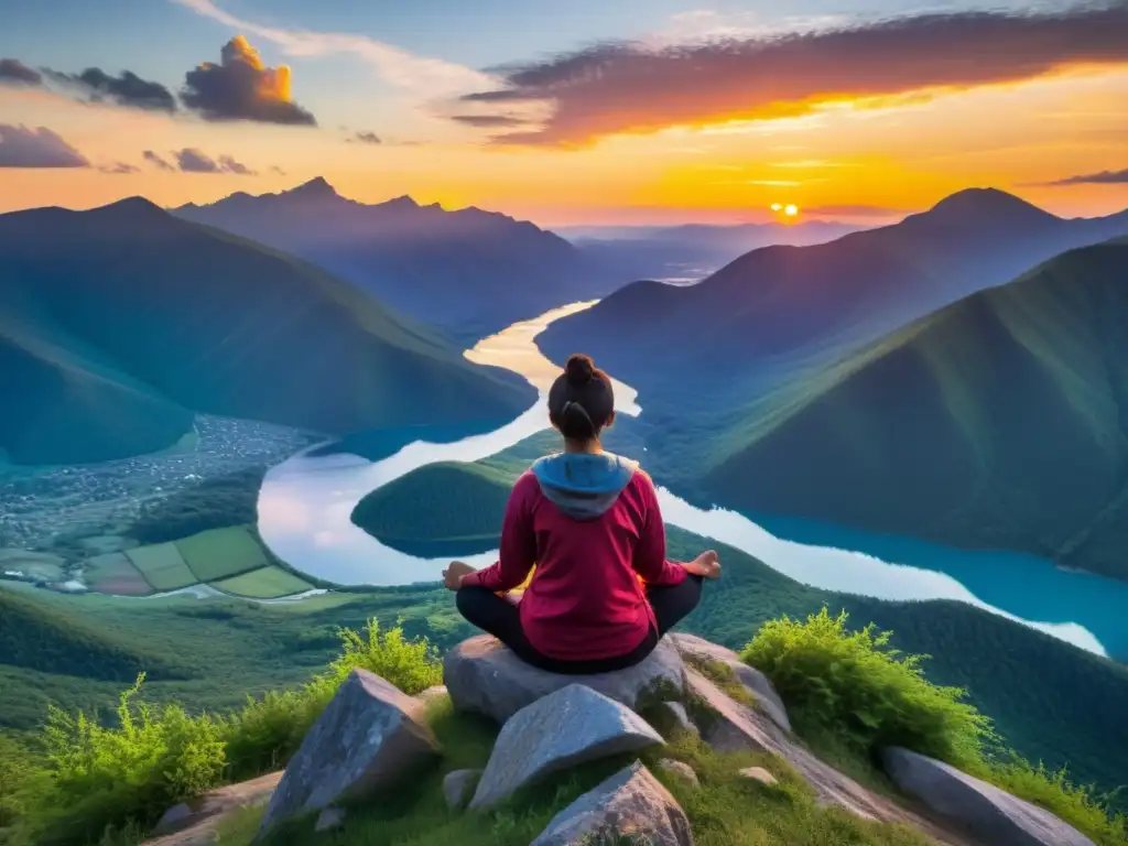 Una persona medita en la cima de una montaña, rodeada de un vibrante atardecer