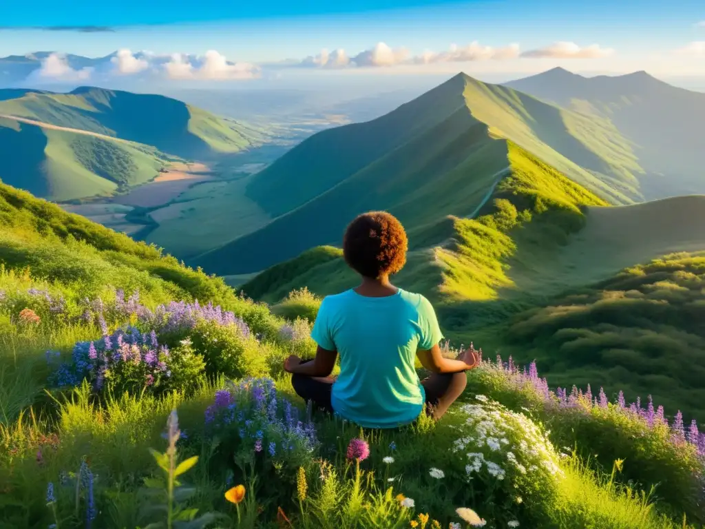 Persona meditando en la cima de una montaña, rodeada de flores silvestres y contemplando un valle sereno