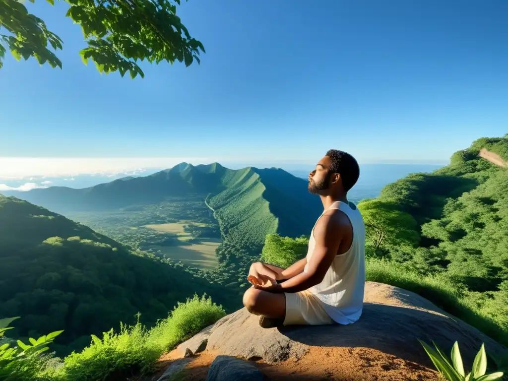 Persona meditando en la cima de una montaña, rodeada de vegetación exuberante y un cielo azul claro