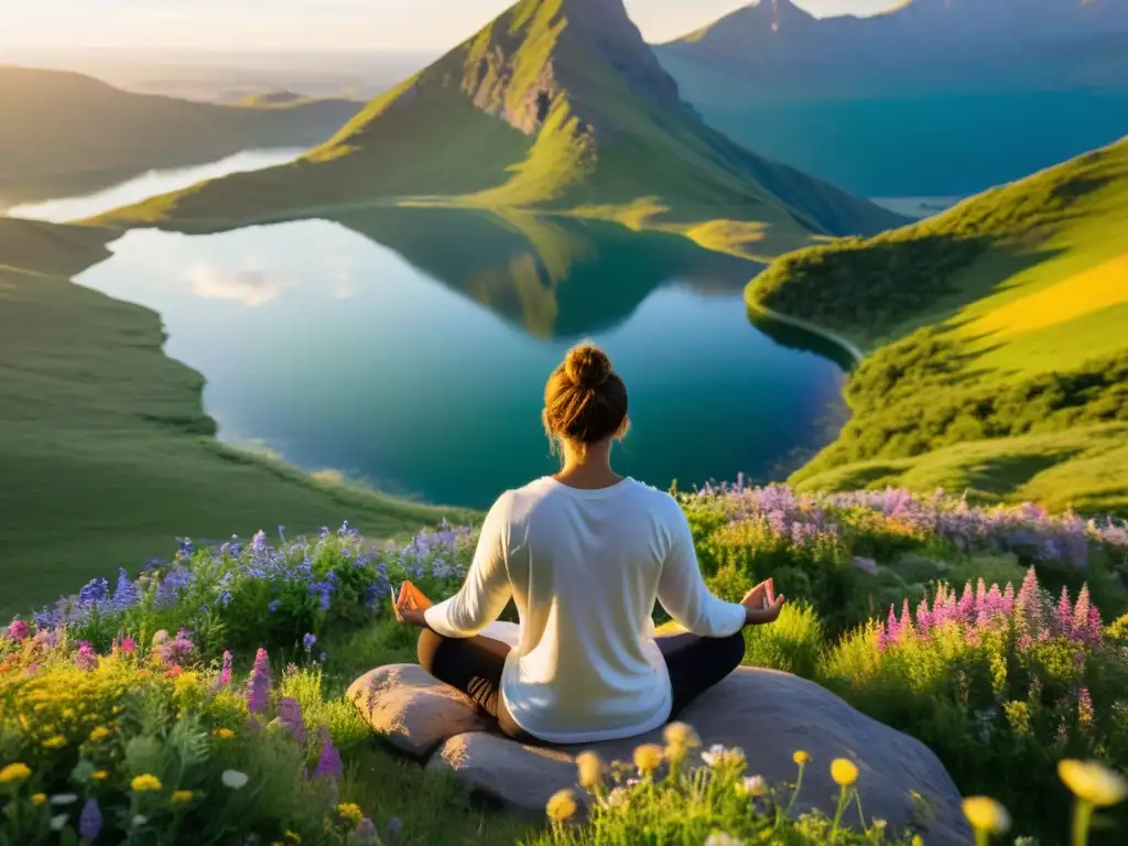 Persona meditando en la cima de una montaña, rodeada de naturaleza, al amanecer