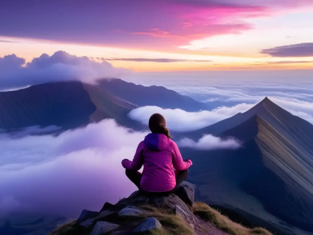 Persona meditando en la cima de una montaña, rodeada de nubes, con el sol saliendo