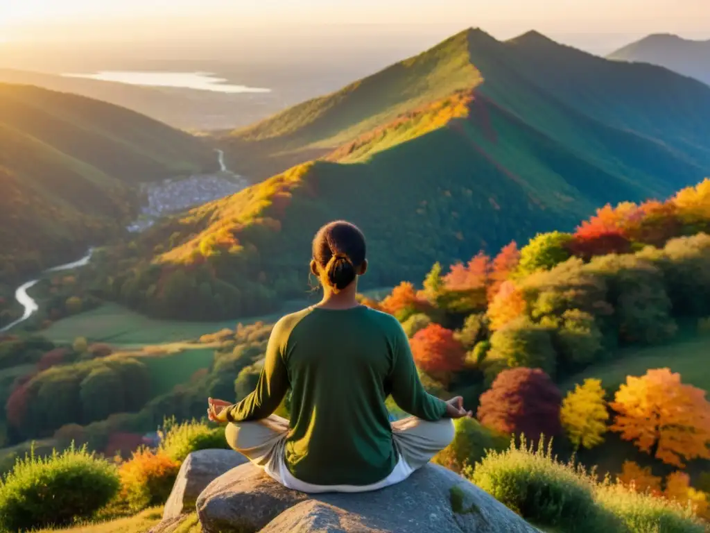 Persona meditando en la cima de una montaña rodeada de árboles otoñales, emanando paz y tranquilidad