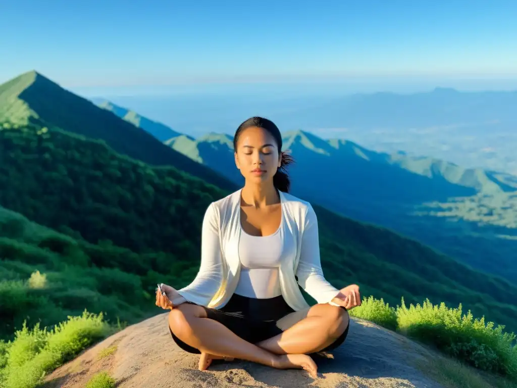 Persona meditando en la cima de una montaña, rodeada de naturaleza, con los ojos cerrados y sosteniendo un teléfono