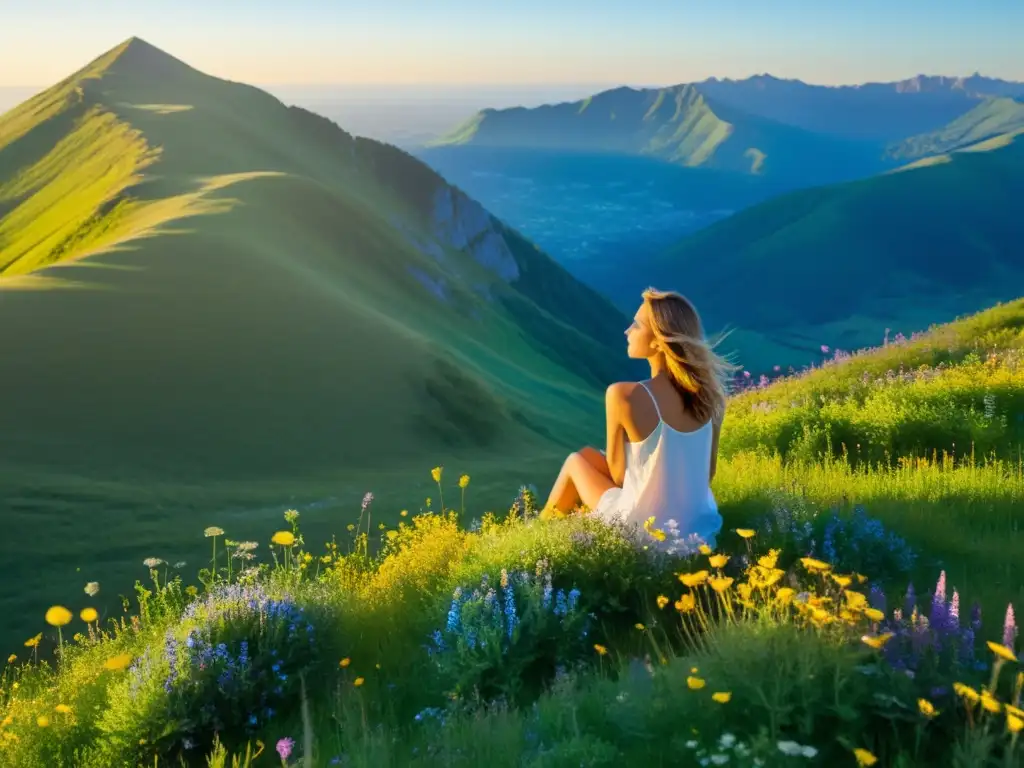 Persona meditando en la cima de una montaña, rodeada de flores silvestres y cielo azul