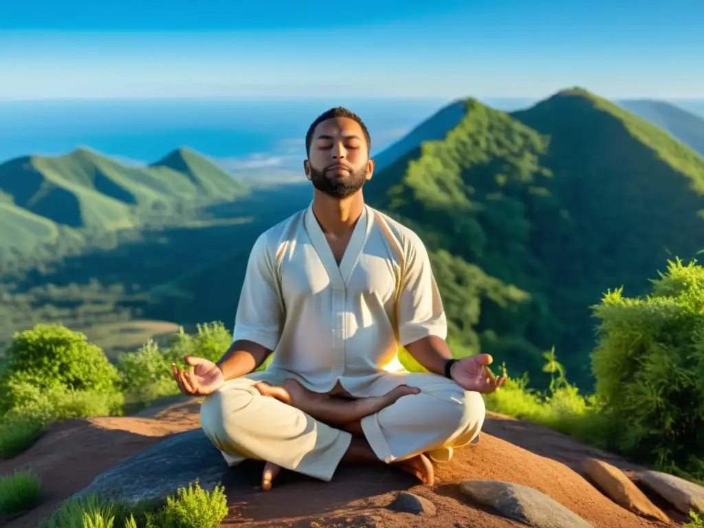 Persona meditando en la cima de una montaña, rodeada de naturaleza exuberante y cielo azul