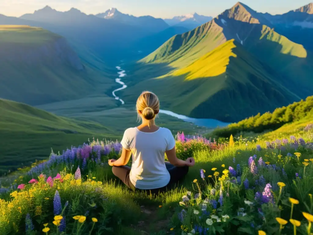 Persona meditando en la cima de la montaña, rodeada de flores silvestres y contemplando un valle sereno