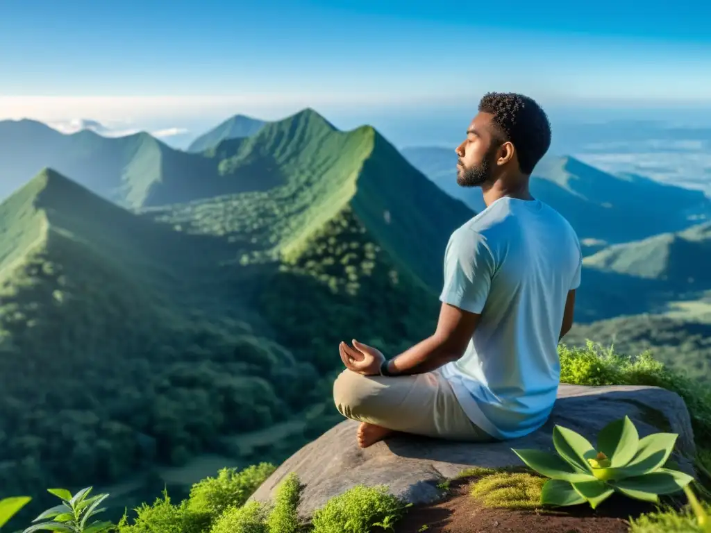 Persona meditando en la cima de la montaña, rodeada de naturaleza exuberante y cielo azul