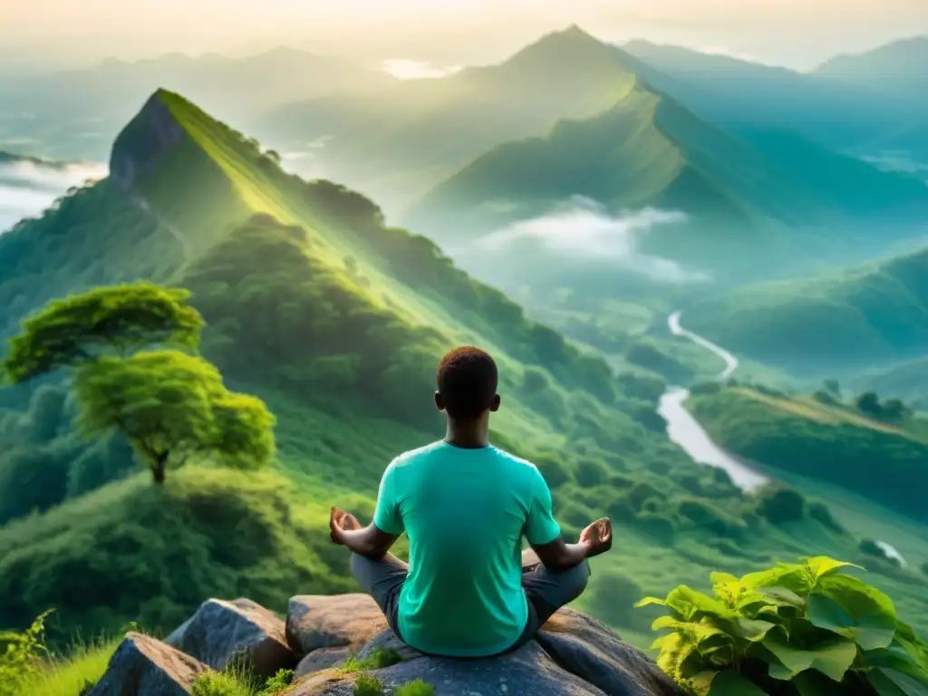 Persona meditando en la cima de la montaña, rodeada de naturaleza exuberante y paisaje sereno, irradiando tranquilidad y concentración