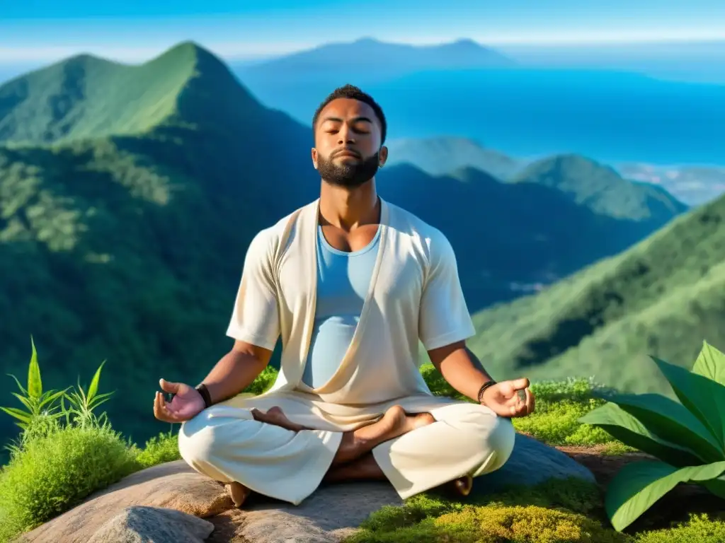 Persona meditando en la cima de la montaña, rodeada de naturaleza exuberante y cielo azul