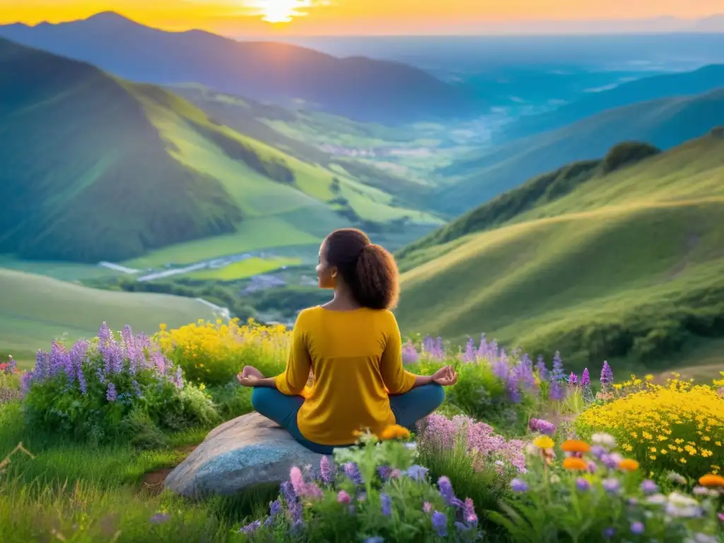 Persona meditando en la cima de la montaña, rodeada de flores silvestres, con el sol poniéndose al fondo