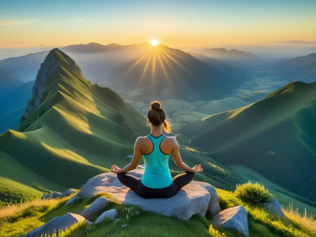 Una persona practica yoga en la cima de una montaña verde exuberante al amanecer, rodeada de picos cubiertos de niebla y un cielo azul claro