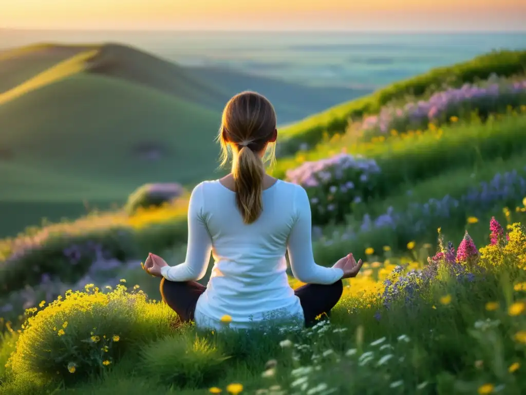 Persona meditando en colina verde, rodeada de flores silvestres al atardecer