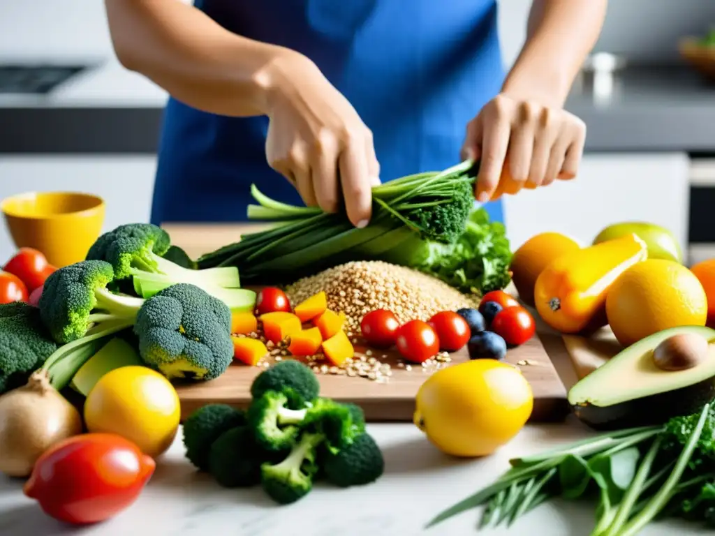 Una persona prepara una comida colorida y nutritiva en una cocina contemporánea, rodeada de ingredientes frescos