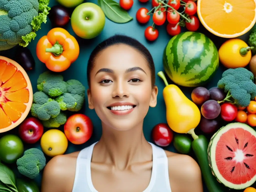 Persona disfrutando de una comida equilibrada rodeada de frutas y verduras frescas, promoviendo el equilibrio en hábitos alimenticios y el fortalecimiento del sistema inmunológico