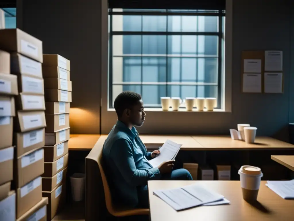 Persona desempleada, rodeada de solicitudes de trabajo y tazas vacías