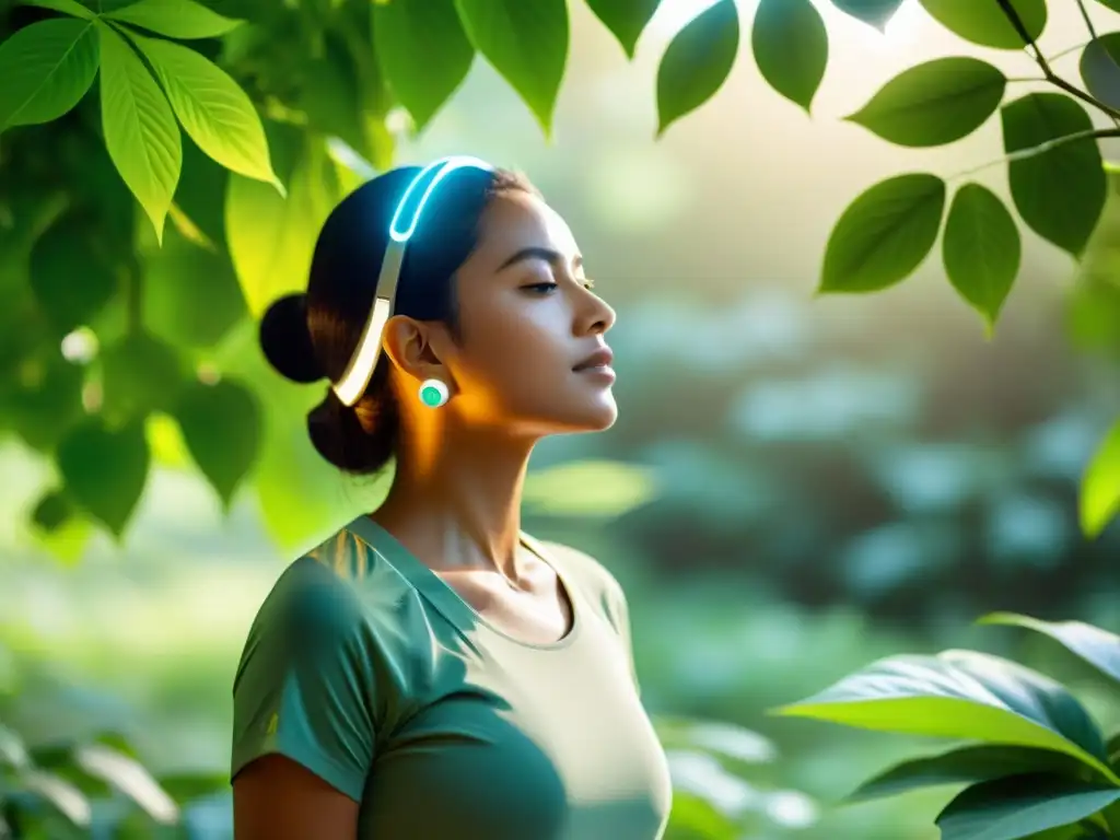 Una persona practica mindfulness con un dispositivo de biofeedback inmunológico en un entorno natural, gestionando el estrés