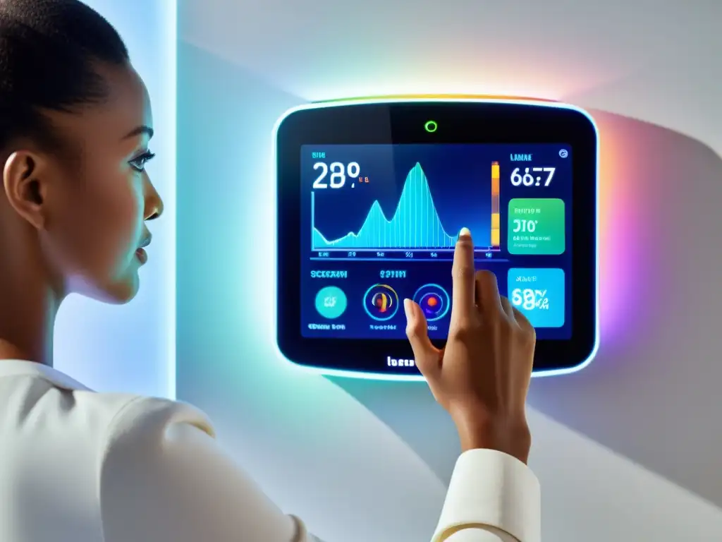 Monitoreo inmunológico en el hogar: tecnología futurista Persona usando dispositivo monitoreo inmunológico en casa, integrado a la vida diaria con tecnología avanzada