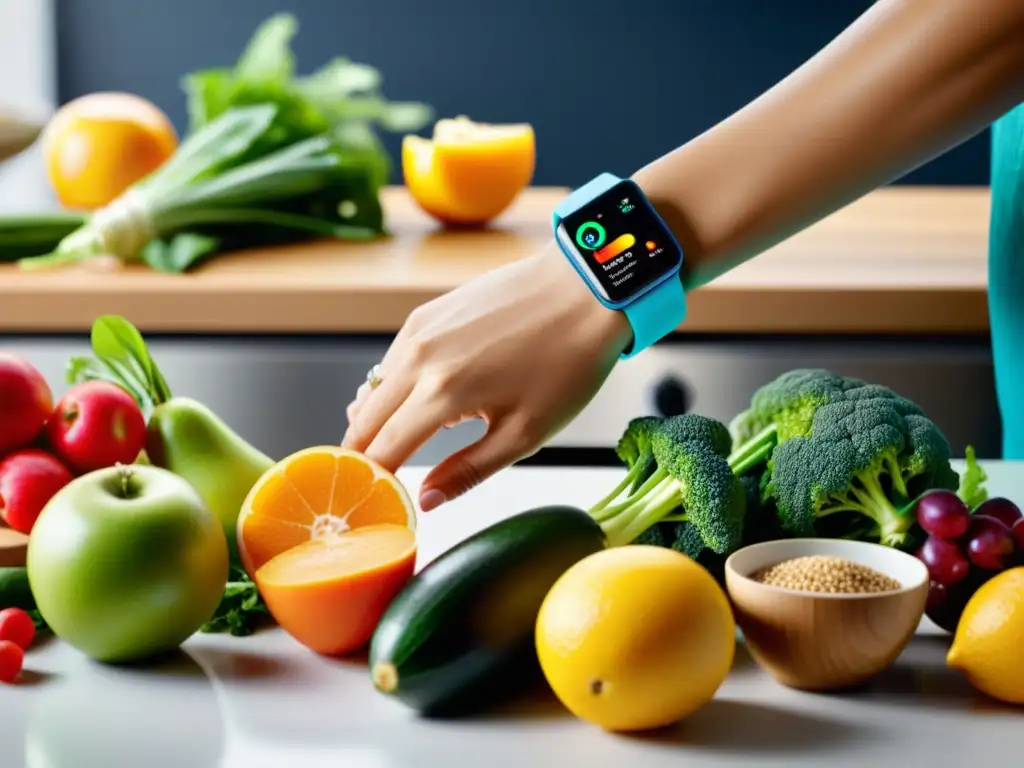 Persona usando dispositivo wearable para dieta inmunológica mientras prepara comida saludable en cocina moderna y luminosa, rodeada de frutas y verduras