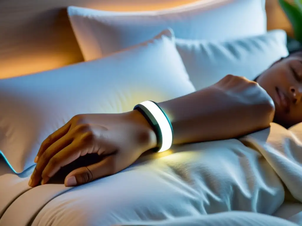 Una persona usa un dispositivo wearable moderno en la muñeca mientras duerme, iluminado con luz suave