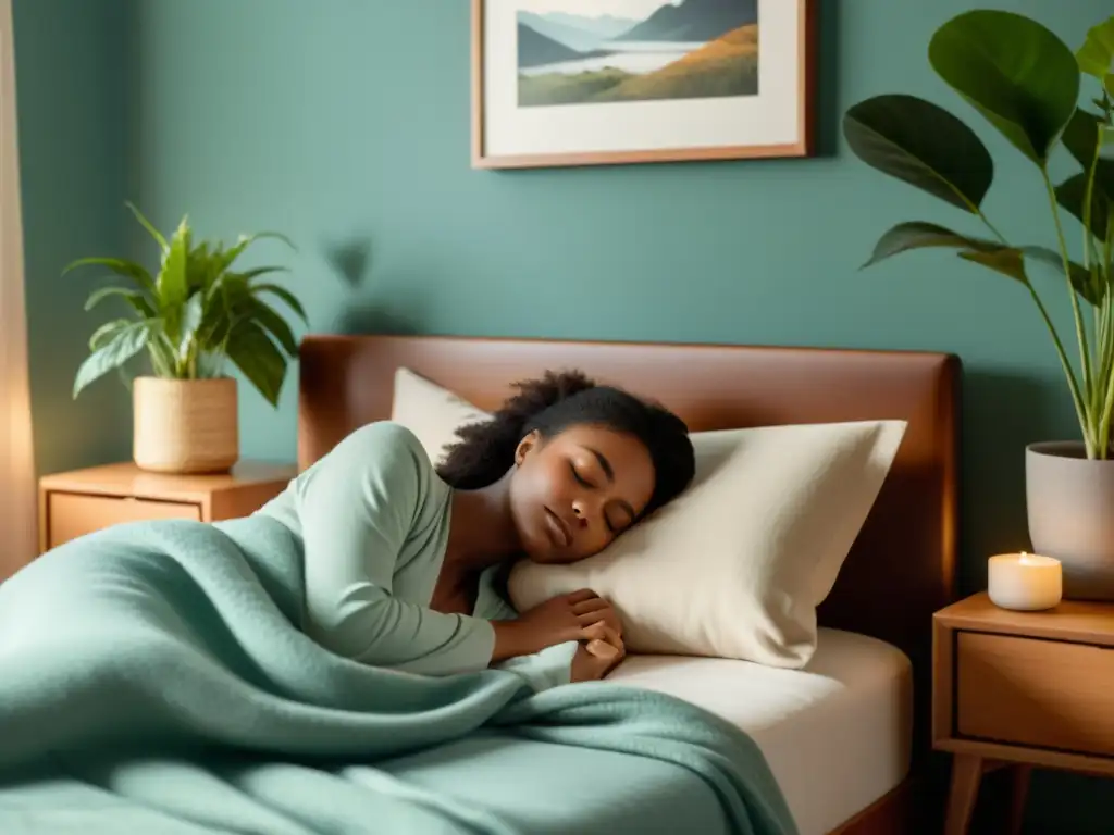 'Una persona durmiendo tranquilamente en un dormitorio acogedor, rodeada de plantas y una paleta de colores relajantes