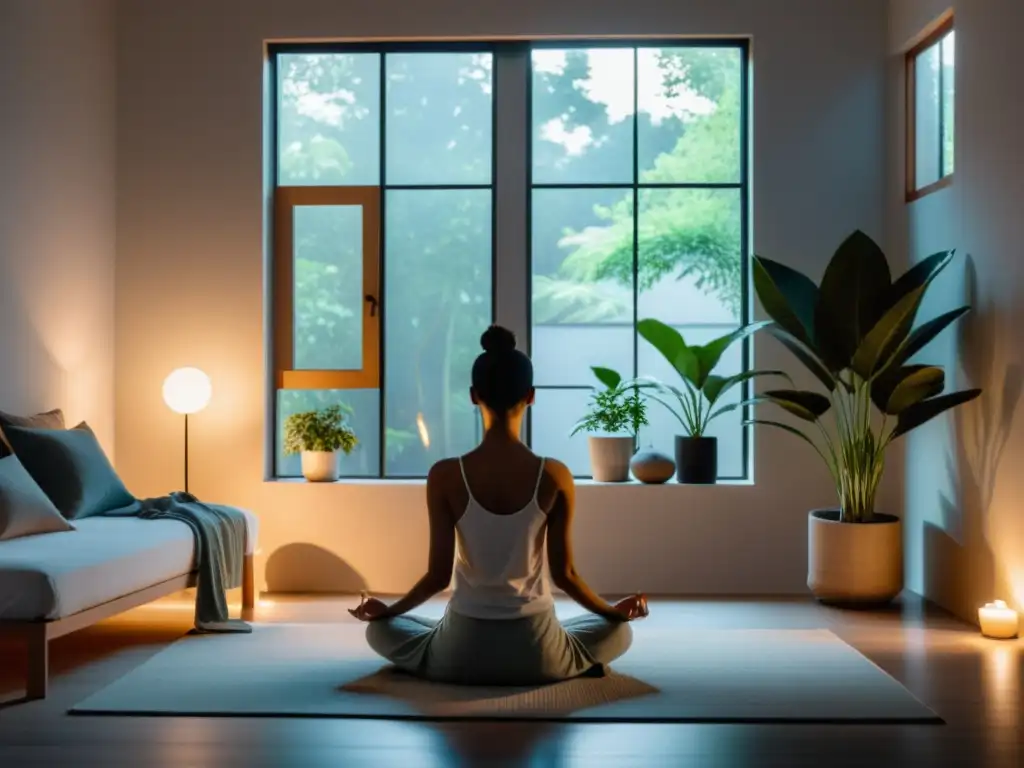 Persona meditando en dormitorio moderno, iluminación suave