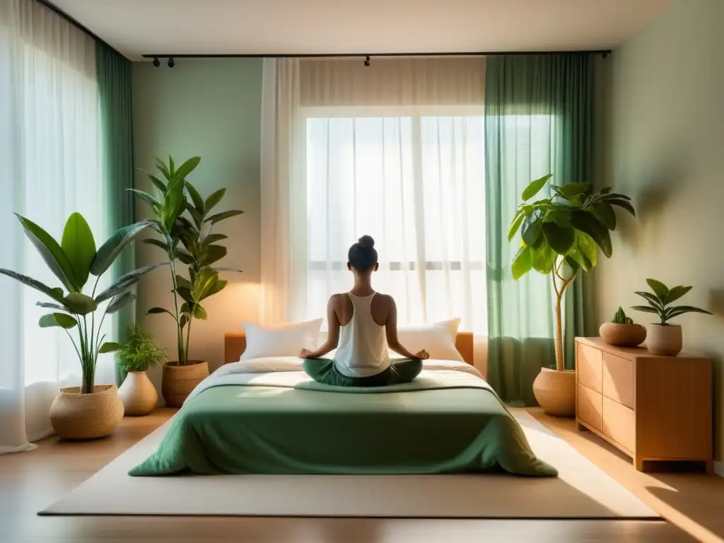 Persona meditando en un dormitorio sereno, con luz natural suave y plantas verdes, beneficiando la calidad del sueño