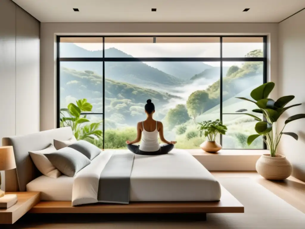 Persona meditando en un dormitorio sereno con decoración minimalista y vistas a la naturaleza, promoviendo ritmos biológicos sistema inmunológico