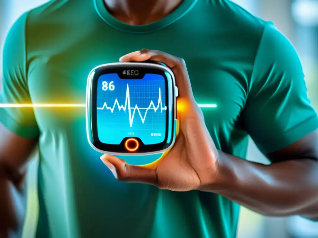 Persona usando un ECG portátil en un entorno médico moderno, proyectando vitalidad y control sobre su salud inmunológica