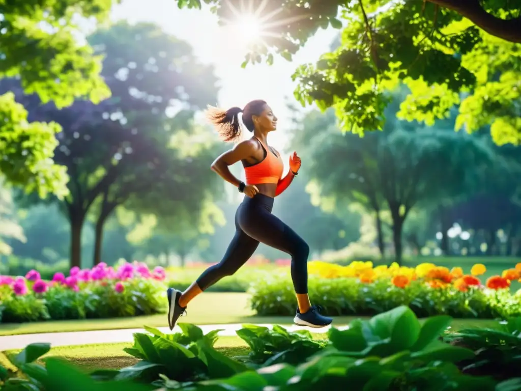 Persona realizando ejercicio al aire libre en un parque, rodeada de naturaleza exuberante y vibrante