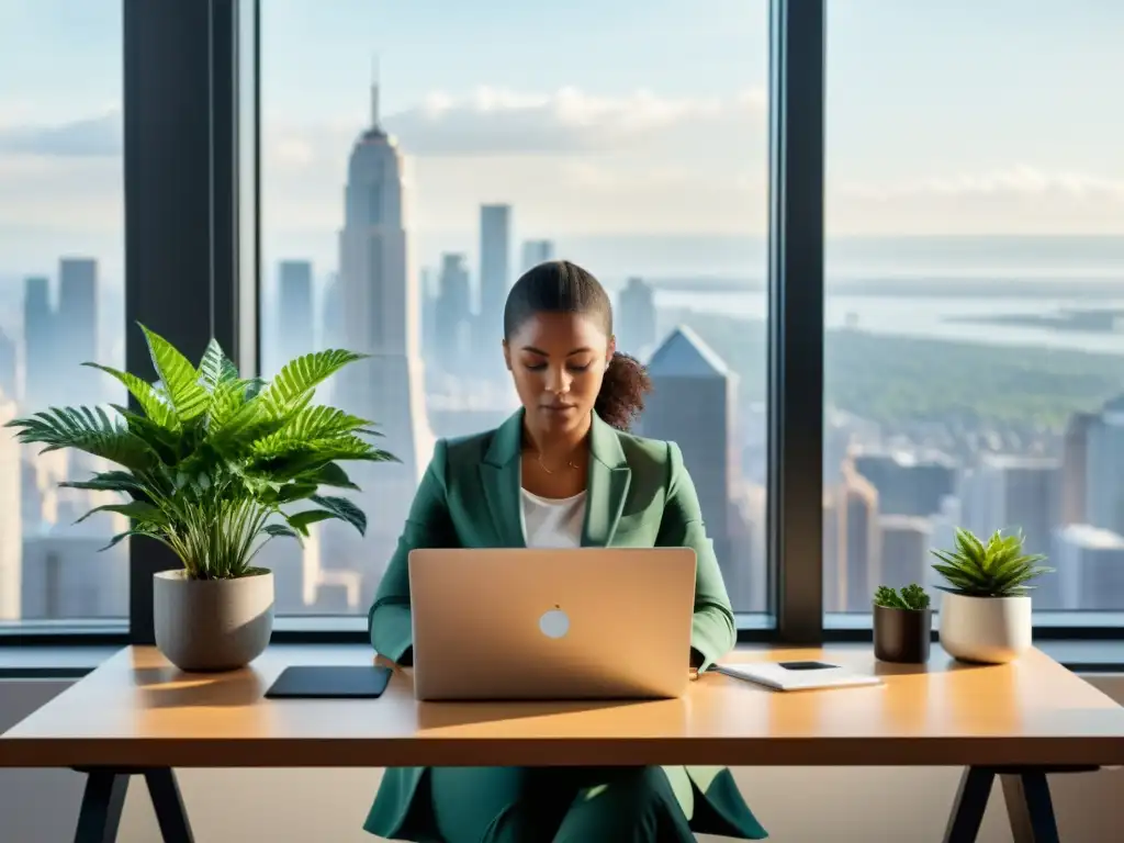 Persona practicando ejercicios de respiración frente a laptop y planta, con vista a la ciudad