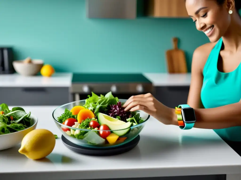 Persona preparando ensalada con dispositivo wearable para dieta inmunológica en cocina moderna y luminosa