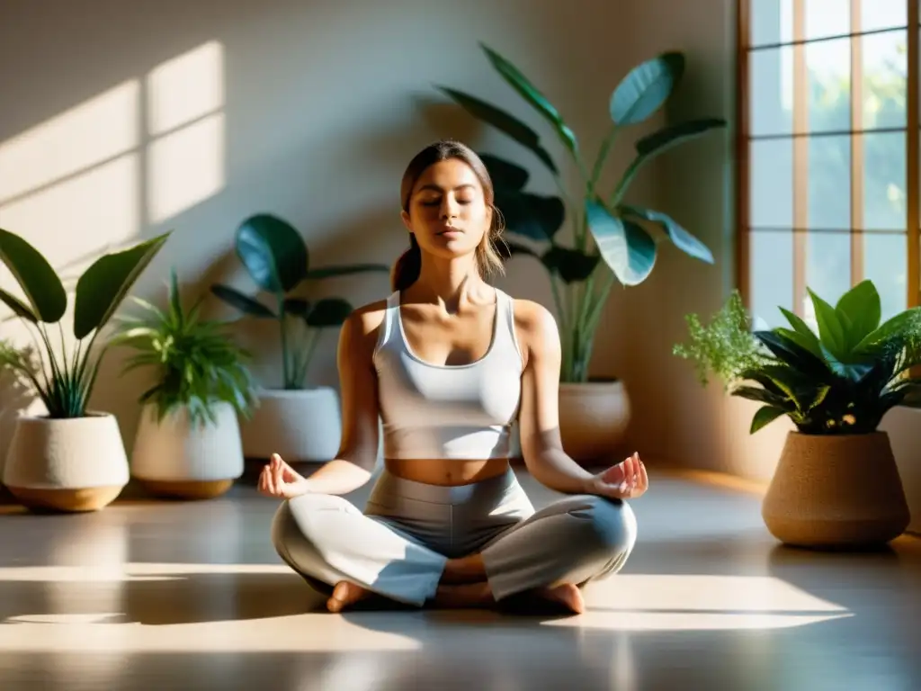 Una persona meditando en un entorno minimalista y tranquilo, rodeada de plantas