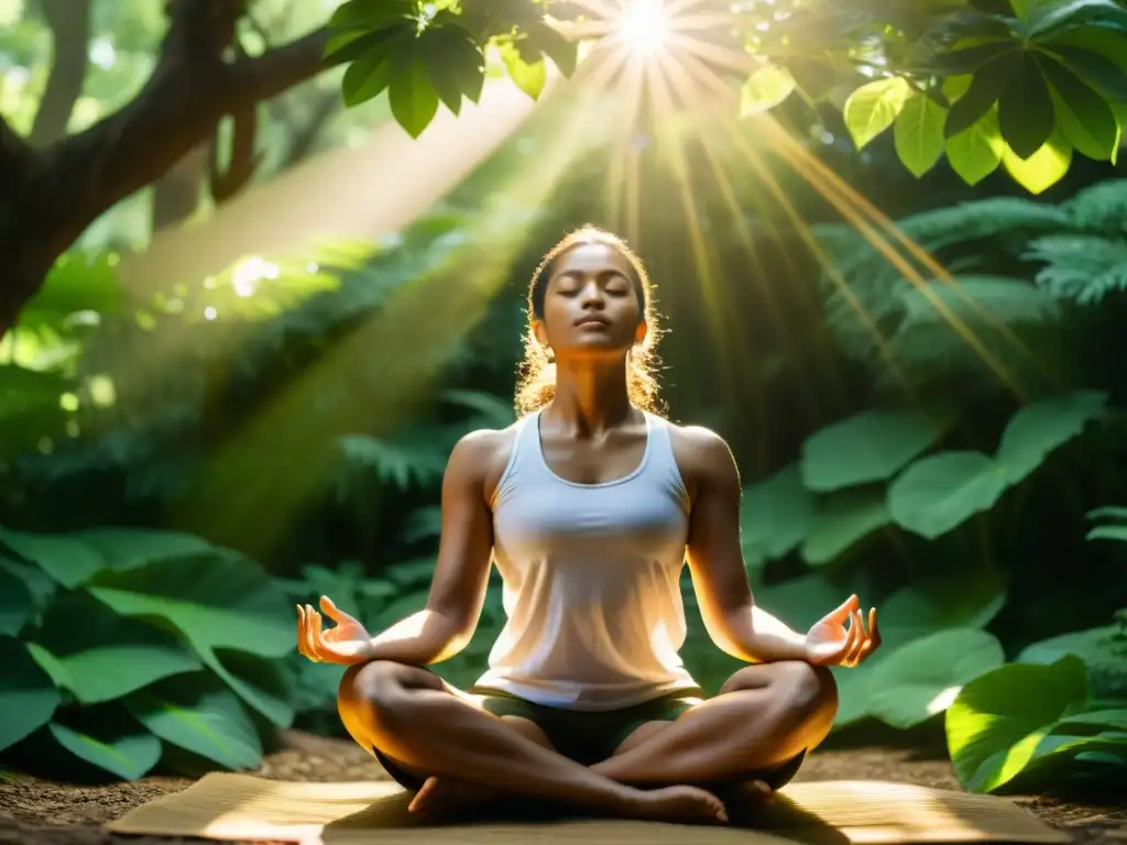 Persona meditando en un entorno natural, bañada por luz dorada entre vegetación exuberante, promoviendo el sistema inmunológico humano y meditación