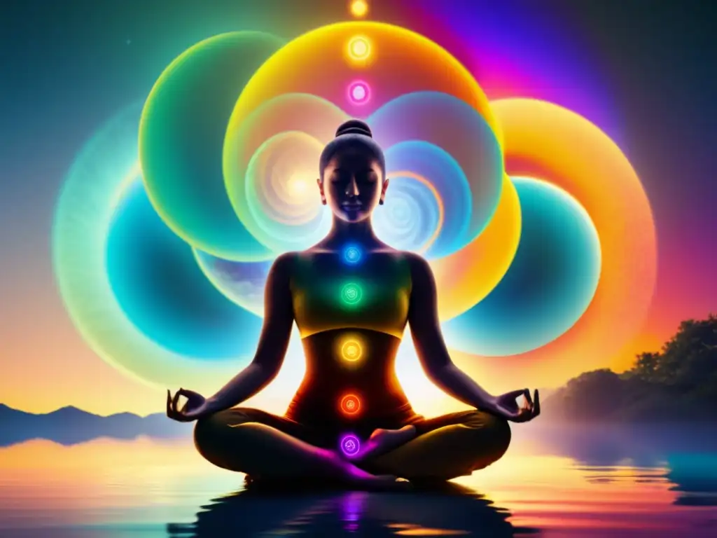 Persona meditando en un entorno natural, con chakras equilibrados y sistema inmunológico fortalecido, rodeada de energía vibrante y armonía